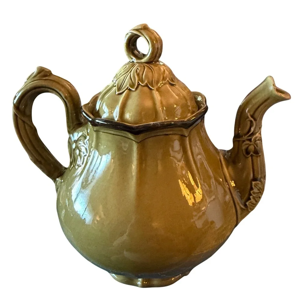 Green Ceramic Teapot Olive Green Embossed Leaf Victorian